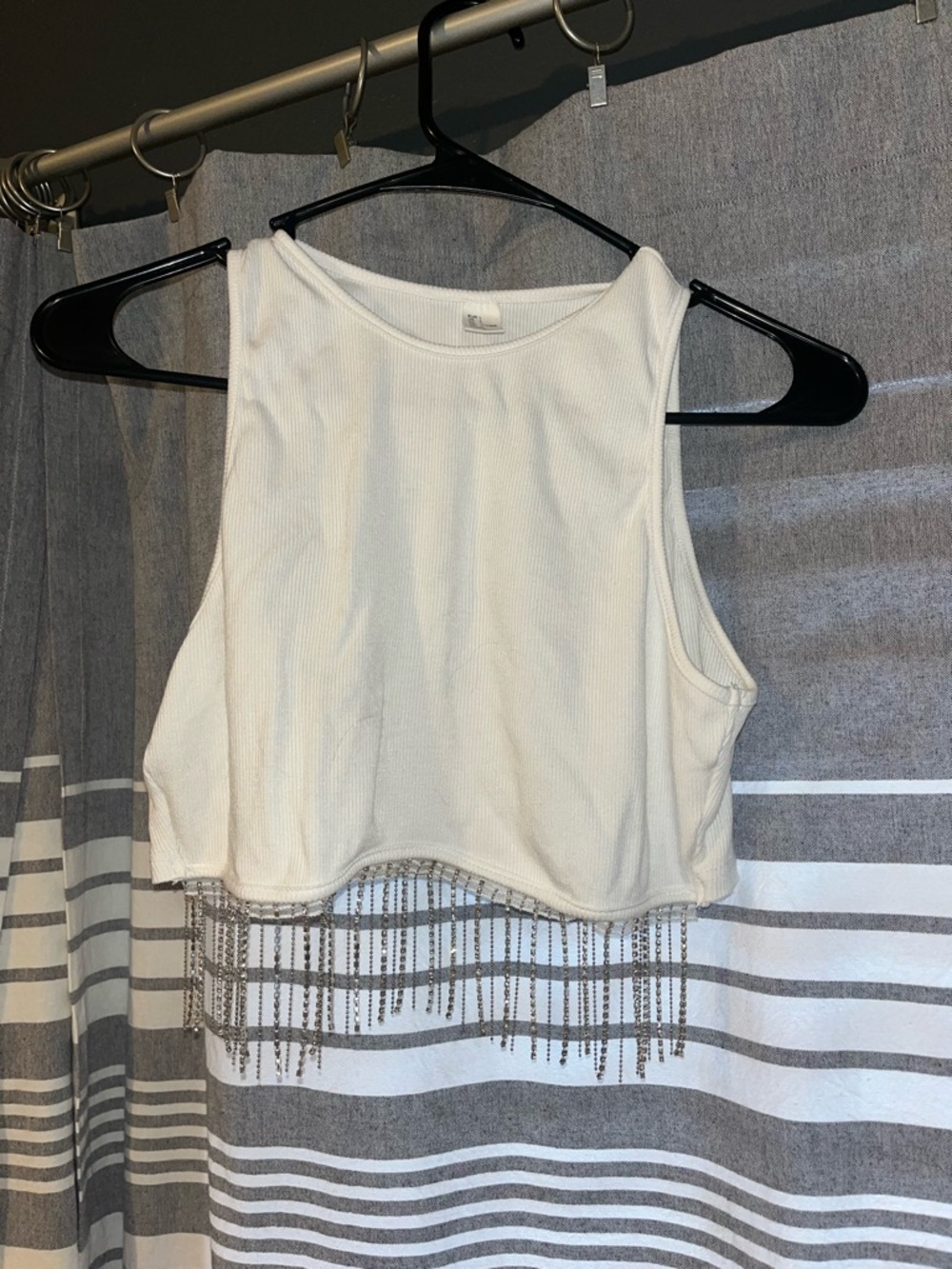 White Cropped Tank Top with Fringe Trim